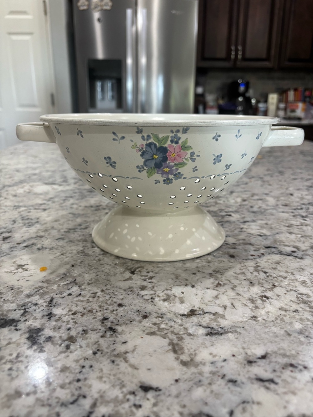 Vintage Cream Floral Enamel Colander Cottagecore Grandma core Decor